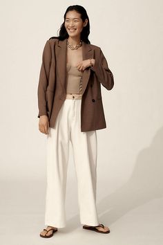 From business to casual, these styles are tailored to perfection . Get ready to suit up and let your wardrobe seam lessly transition from boardroom to brunch! | Oversized Blazer Jacket by Maeve in Brown, Women's, Size: XS P, Polyester/Viscose/Elastane at Anthropologie Fashion Color Palette, Oversize Blazer Outfit, Brown Blazer Outfit, White Pants Outfit, Going Blonde, Color Trends Fashion, Tan Blazer, Brown Blazer, Brown Suits