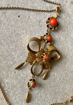 Beautifu Circa 1800s Victorian Gold Gilt Red Coral Bow Antique Necklace Elegant Orange Brooch Jewelry, Antique Red Brooch Jewelry, Antique Red Brooch, Antique Formal Necklace With Brooch, Antique Formal Necklaces With Brooch, Antique Necklace With Brooch For Formal Occasions, Orange Victorian Jewelry For Formal Occasions, Traditional Red Necklaces For Formal Occasions, Traditional Red Necklace For Formal Events