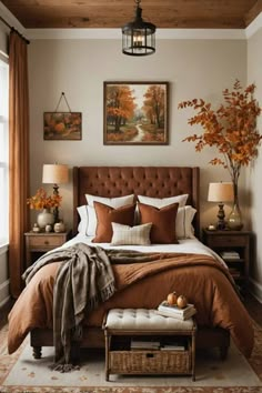 a bedroom with a bed, lamps and pictures on the wall above it's headboard