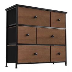 a brown and black dresser with drawers on it's sides, against a white background