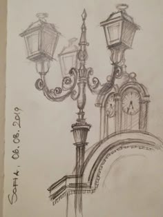 a drawing of a street light and clock