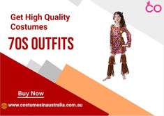 a woman in a colorful dress with fringes on her legs and the words, get high quality costumes 70's outfits buy now