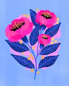 three pink flowers with leaves on a blue background