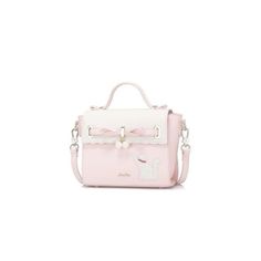 a pink and white handbag with an elephant on the front, shoulder strap and handle