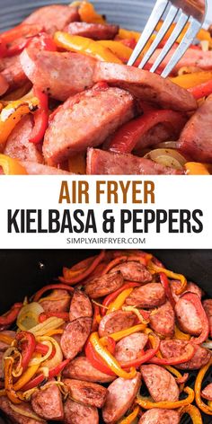 an air fryer with kielbasa and peppers in it is shown on the side