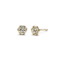 Single round diamonds are framed in a gold hexagon.Dimensions: 1/8" x 1/8" Diamonds Earrings, Hexagon Diamond, Squash Blossom, Jewel Box, White Diamonds, Diamond White, Post Earrings, Time Piece, Round Diamonds