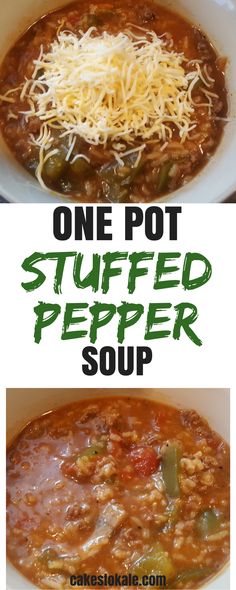 one pot stuffed pepper soup in a white bowl with cheese on top and the other side