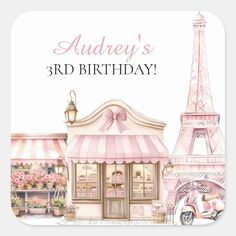 a birthday card with the eiffel tower in pink, and an ice cream cart