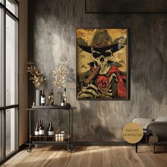 a living room with a couch and a painting on the wall above it that has a skeleton wearing a cowboy hat