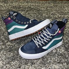 New Vans Sk8-Hi Mte 2.0 Dx Color: Dress Blues / Jasper Size: 9, 9.5 Mens 10.5, 11 Womens *9 Box Included, 9.5 No Box* Specifically Designed For Winter Conditions, The Vans Sk8-Hi Mte Dx 2.0 Will Keep Your Toes Dry And Warm While You Gallivant On The Mountainside. The Rugged Upper Has Been Treated With Water Repellent Coatings And The Upgraded Mte Lug 2.0 Outsole Is Ready To Climb That Heaping Mound Of Snow. Inside The Shoe Is A Heat Retention Layer And Vans' Mte 360 Tech To Block Out The Cold Wh Vans Mid-top Waterproof Sneakers, Vans High-top Waterproof Boots, Vans Blue Skate Shoes For Sports, Blue Vans High-top Sneakers For Streetwear, Black High Top Vans, Vans Sk8-hi Gore-tex Mte-3, Vans Sk8 Hi, Camo Shoes, Leopard Print Sneakers