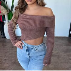 Brown Knit Off Shoulder Long Sleeve Crop Top Size M Brand New Stretch Chic Knitted Crop Top For Fall, Spring Brown Knit Top, Casual Knitted Crop Top For Winter, Winter Knitted Fitted Crop Top, Casual Brown Knit Crop Top, Cropped Knitted Tops For Fall, Fall Cropped Knitted Tops, Knitted Cropped Tops For Fall, Fitted Soft Knit Brown Top