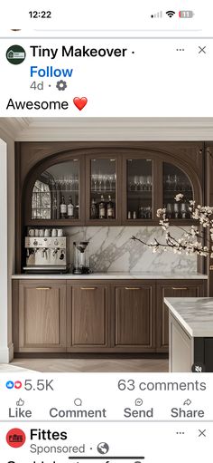 an image of a kitchen with wooden cabinets and white marble counter tops on instagram