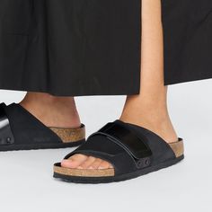 Kyoto Nubuck Leather Black | BIRKENSTOCK Modern Leather Slides With Textured Footbed, Modern Leather Sandals With Cushioned Footbed, Modern Leather Footbed Sandals With Cushioned Footbed, Modern Slip-on Sandals With Leather Footbed, Modern Leather Slip-on Footbed Sandals, Modern Slip-on Slides With Heel Loop, Modern Leather Footbed Slip-on Sandals, Modern Adjustable Slide Sandals, Modern Leather Slides With Double Strap