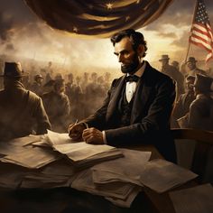 abraham lincoln sitting at a desk in front of an american flag and many other people