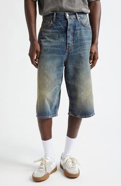 A weathered-and-veined finish brings a sense of instant history to these nonstretch-denim shorts crafted in a knee-length, baggy cut with a leather logo patch at the back. Zip fly with button closure Five-pocket style 100% cotton Machine wash, line dry Made in Italy Designer Clothing Relaxed Fit Stonewashed Faded Bottoms, Faded Stonewashed Relaxed Fit Bottoms, Relaxed Fit Faded Bottoms Pre-washed, Distressed Rugged Bottoms With Relaxed Fit, Faded Pre-washed Bottoms For Streetwear, Streetwear Relaxed Fit Washed Jean Shorts, Washed Relaxed Fit Jean Shorts For Streetwear, Relaxed Fit Washed Jean Shorts For Streetwear, Faded Rugged Bottoms With Relaxed Fit