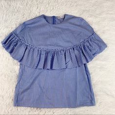 100% Cotton Back Zipper Closure Designer Size 38 Fits Like Us 2 , Please Check Measurements Striped Ruffle Blouse For Summer, Blue Tops With Ruffle Hem And Flutter Sleeve, Striped Ruffled Blouse For Summer, Blue Flutter Sleeve Tops With Ruffle Hem, Striped Short Sleeve Blouse With Ruffles, Blue Flutter Sleeve Blouse For Brunch, Flutter Sleeve Blue Blouse For Brunch, Blue Short Sleeve Top With Ruffle Hem, Blue Short Sleeve Tops With Ruffle Hem