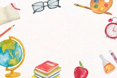 watercolor illustration of school supplies including books, pencils and an apple