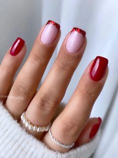 Red French Tip Acrylic Nails Designs, Holiday Nails For Work, Red Tipped Nails French, Winter Nail Ideas French Tip, Red Tip Holiday Nails, French Tip Nail Designs Winter, Nails With Dot Design, Red French Tip Gel Nails, Red French Nail Designs