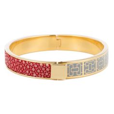 Corfu- hinged bangle, half inlay pattern in gray enamel, and half inlay genuine shagreen. All shagreen inlay work is done in our California studio. Inlay Pattern, White Coral, Corfu, Hinged Bangle, Gold Enamel, White Enamel, Scarlet, Bangles, California