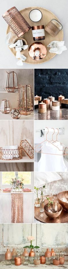 several different types of copper and white dishes in various stages of being used to decorate the table