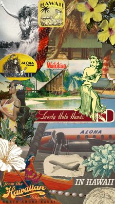 the collage is made up of many different pictures and words, including hawaiian symbols