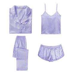 PRICES MAY VARY. Premium Material: This 4 piece pajama set is made of high-quality satin(95% Polyester, 5% Spandex), which is very soft, lightweight, and comfortable. The sleepwear sets make you comfortable in the lounge and sleeping time. 4Pcs Pajama Set: Women 4 pcs pjs sets include spaghetti strap cami top, a button-down short sleeve sleepshirt, a pair of shorts, a pair of long pants. This 4 piece pj sets for multiple wearing styles, you can match these sleepwear in different way to meet your Maternity Pajama Set, Nursing Pajama Set, Satin Pjs, Silk Pjs, Maternity Pajamas, Satin Sleepwear, Comfortable Pajamas, Silk Sleepwear, Pajamas Gift