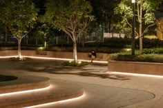 a person sitting on a bench in the middle of a park with trees and bushes lit up at night