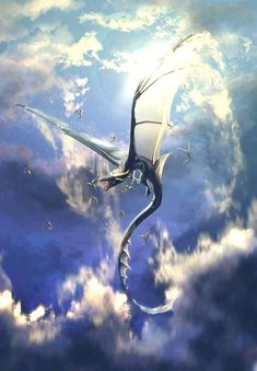 a dragon flying in the sky with clouds and birds around it's back end