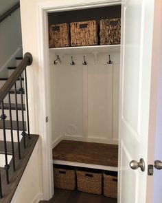 Coat closet turned drop zone Entryway Diy Storage, Hallway Closet Transformation Ideas, Coat Closet Organization Ideas Entryway, Small Entrance Closet Organization, Coat Closer To Mudroom, Entry Closet Turned Mudroom, Hallway Closet Storage Ideas, Basement Closet Storage Ideas, Entryway Closet Makeover Entrance