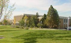 a large building sitting on top of a lush green field next to a tree filled park