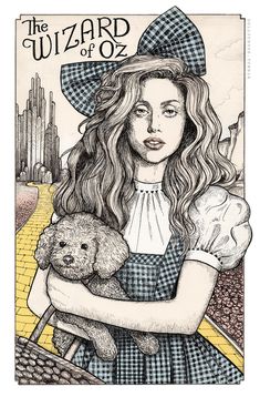 a drawing of a girl holding a teddy bear in front of a wizard's hat