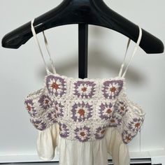 Nwt Lucky Brand- Short Very Cute Tank, Creme With Crocheted Squares Multi Colored (Lavender/Rust), Has Adjustable Straps Summer Crochet Top With Crochet Trim For Brunch, Summer Crochet Top For Brunch, Spring Crochet Top For Brunch, White Cropped Crochet Top For Day Out, Beige Crochet Top For Day Out, Spring Crochet Top With Crochet Trim For Day Out, Casual Crochet Lace Top For Brunch, Summer Crochet Top In Cream For Day Out, Summer Cream Crochet Top For Day Out