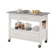 a kitchen island cart with food and drinks on it