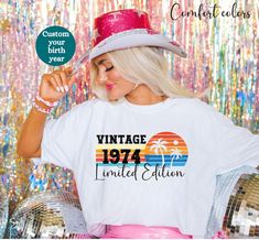 Celebrate in style with our Vintage 1974 Limited Edition Shirt! Customize it for your birthday party with our personalized group T-shirt option, perfect for you and your squad. Whether it's for a special gift or to unite your crew, our shirts are the perfect choice. Make your celebration unforgettable--get yours today! About Our Product: ⭐ 1. Comfort Colors 1717 Garment-Dyed Shirt Details: Made with 100% ring-spun U.S. cotton (6.1 oz/yd softened for comfort. Double-needle stitching for durabilit Vintage White T-shirt For Birthday, Retro White T-shirt For Birthday, White Retro T-shirt For Parties, Limited Edition Shirt, Ask Me Questions, Team Shirts, Prism Color, Personalized Shirts, Personalized Birthday