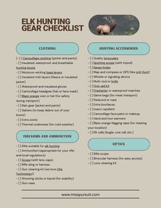 the elk hunting gear checklist is shown in blue and white, with information on it