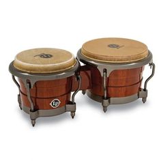 This is a picture of a LP Durian Wood Bongos Natural Durian Black Chrome Drum Shop, Drum Heads, Drum Key, Classic Series, Black Mirror, Drum And Bass