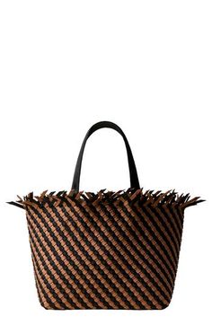 A woven construction and roomy interior bring signature appeal to a boho-inspired tote featuring an unfinished topline. Magnetic-snap closure Top carry handles Removable zip pouch Unlined Synthetic Imported Woven Leather Double Handle Beach Bag, Double Handle Woven Leather Beach Bag, Chic Basket Shoulder Bag With Intrecciato Weave, Brown Woven Leather Hobo Bag For Vacation, Woven Top Handle Beach Bag, Chic Woven Leather Top Handle Beach Bag, Bohemian Woven Leather Shoulder Bag With Double Handle, Woven Top Handle Beach Bag For Shopping, Vacation Bucket Bag Tote With Intrecciato Weave