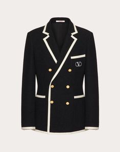 Valentino Double-breasted bouclé wool jacket with VLogo Signature embroidery - Slim fit - Lined - VLogo Signature embroidery on left breast pocket as worn - VLogo jewel button fastening - Two front patch pockets - One left breast pocket as worn - Composition: 76% Wool, 13% Polyamide, 11% Silk - Lining: 100% Cupro - Length: 73.5 cm / 28.9 in. from the back of the neck in an Italian size 46 - The model is 187 cm / 6'1" tall and wears an Italian size 46 - Made in Italy Luxury Double-breasted Tweed Jacket, Designer Black Tweed Jacket With Long Sleeves, Designer Black Tweed Long Sleeve Jacket, Luxury Black Wool Tweed Jacket, Designer Single Breasted Tweed Jacket, Designer Single-breasted Tweed Jacket, Black Blazer Men, Tweed Outfit, Man Black