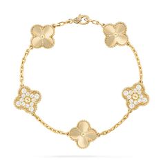 Embrace timeless elegance with this exquisite floral clover bracelet by Swaadha Jewels. Featuring a harmonious blend of polished gold clover motifs and sparkling diamond-studded flowers, this bracelet exudes luxury and charm. Each clover station is meticulously crafted with intricate beaded details, creating a captivating interplay of texture and brilliance. The alternating design offers a classic yet modern appeal, perfect for enhancing any ensemble. Crafted with ethically sourced lab-grown diamonds and finished in a radiant yellow gold look, this piece reflects Swaadha's commitment to sustainable beauty and impeccable craftsmanship. A versatile accessory, this bracelet makes a stunning addition to any jewelry collection. Van Cleef And Arpels Jewelry, Van Cleef & Arpels, Expensive Jewelry Luxury, Van Cleef And Arpels, Daughter Jewelry, Metal Bracelet, Expensive Jewelry