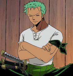 an anime character with green hair holding a baseball bat and wearing a white t - shirt