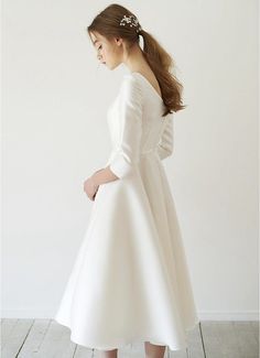 Satin Mid-Calf Tea length With Sleeve New Simple Wedding Dress Sexy Wedding Dresses BlissGown Vintage Simple Wedding Dress, Wedding Dresses A Line, Satin Bridal Gowns, Tea Length Wedding, Minimalist Wedding Dresses, Wedding Reception Dress, Long Sleeve Prom, Satin Short, Lace Bridal Gown