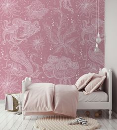 a bedroom with pink wallpaper and white bedding