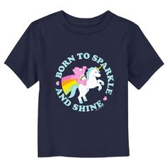 Welcome to the wonderful and adorable world of Care Bears! From cuddly stuffed bears to tv shows and movies, the Care Bears have it all! Grab yourself an officially licensed Care Bears design for the whole family and spread a little joy! This Care Bears Toddlers' Born to Sparkle and Shine Cheer Unicorn Graphic T-Shirt features Cheer Bear riding a magical unicorn, encircled by a rainbow and the words "Born To Sparkle and Shine" across the front. Toddler Graphic Tee, Unicorn Graphic, White Unicorn, Unicorn Tshirt, Sleeve Packaging, Care Bears, Bear Design, Top Graphic Tees, Toddler Boy Outfits