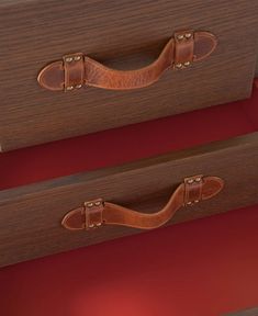 wooden drawers - Google Search Suitcase Drawers, Draw Handles, Fresh Interior, Leather Drawer, Leather Door, Leather Drawer Pulls, Old Suitcases, Styling A Buffet, Wooden Drawers