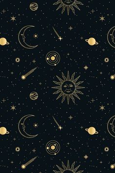 the sun, planets and stars on a black background with gold foiling in it