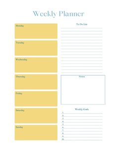 a printable weekly planner is shown in blue and yellow colors, with the words'weekly