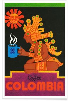 a painting of a woman holding a cup of coffee with the word colombia on it