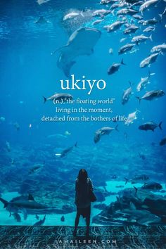 a person standing in front of a large aquarium with fish swimming over it and the words ukiyo on the bottom