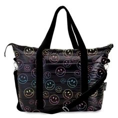 Black Puffer Happy Smiley Face Outline Tote Bag Lightweight puffer style overnight tote bag Zip top closure Three slip pockets inside Has two nylon carrying handles Includes removable black nylon adjustable shoulder strap Silver tone hardware 100% polyester Height 15" Width 23" Depth 7" Weighs 1 pound 15 ounces Great for a weekend getaway or overnight bag Makes a great gift! Last photos show other items in the same pattern (sold separately) Multicolor Nylon Bags For Overnight Trips, Casual Nylon Shoulder Bag For Weekend, Black Nylon Shoulder Bag For Overnight Trips, Casual Black Shoulder Bag For Overnight Trips, Trendy Multicolor Nylon Shoulder Bag, Trendy Nylon Travel Bag, Everyday Multicolor Nylon Shoulder Bag, Black Travel Bag With Adjustable Strap For Weekend, Casual Black Travel Bag For The Weekend