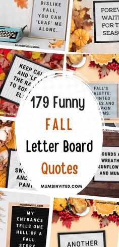 a collage of photos with autumn leaves and the words 17 funny fall letter board quotes